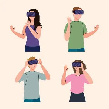 Group of four young people using reality virtual masks technology 스톡 일러스트