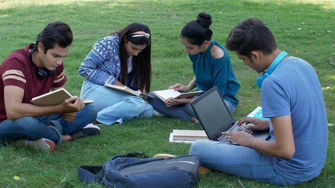 Group of four young students studying together in the open-air - college scene Video stock 125234126