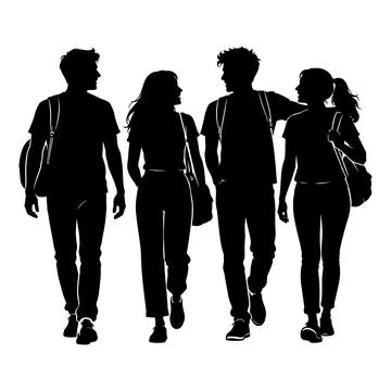 Group of four young students walking together isolated on white background Stock Illustration