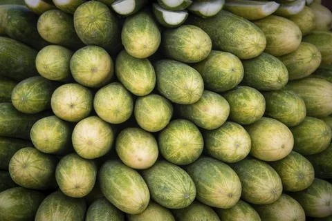 Group of fresh cucumber vegetables in a stack on a fruit market. Healthy low Foto stock