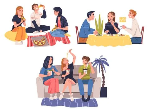 Group of Friend Character Eating Food at Home Sitting on the Floor with Pizza Stock Illustration