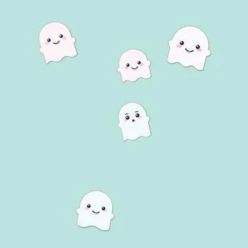 Group of friendly white ghost stickers with different expressions on mint g.. Иллюстрация