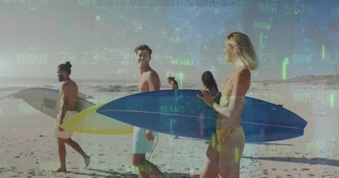A group of friends are having fun on a tropical beach and surfing Stock Footage 330591062