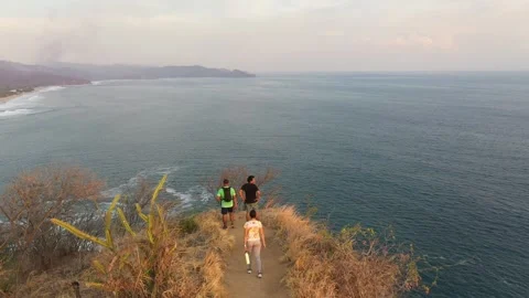 Group of friends checking the waves from a cliff Stock Footage 313241798
