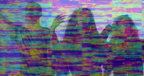 Group of friends dancing in neon glitch studio, showcasing pixelated digital art Stock Footage 330479298