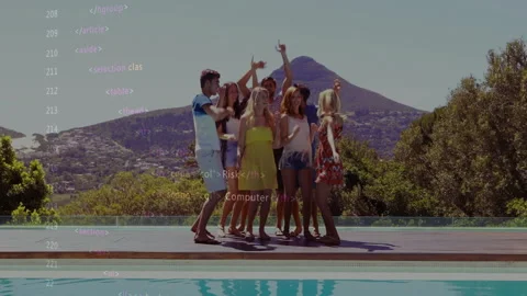 Group of friends dancing by pool with computer code overlay animation Stock Footage 306216534
