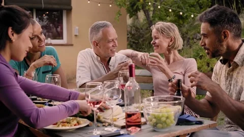 Group of friends gathered around a table in a garden on a summer afternoon to Stock Footage 200922957