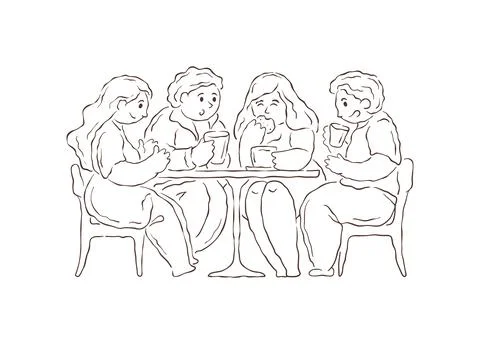 A group of friends gathering at a cafe, sharing stories and laughter over cof Stock Illustration