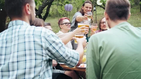 Group of friends having backyard dinner party together. Stock Footage 265143481