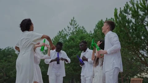 Group of friends having fun and dancing at the campsite in the evening Video stock 197168132