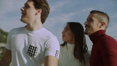 Group of friends having fun and looking out at the beautiful landscape of the Am Stock Footage 199463684