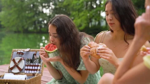 Group of friends having fun on picnic eating fresh bread and watermelon Stock Footage 158886419