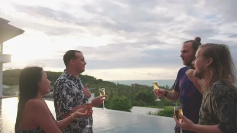 Group of friends having fun at poolside party clinking glasses with white wine Stock Footage 234767485