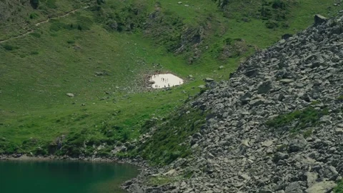 Group of Friends Having Fun on Snow Path by Alpine Lake and Mountain Meadow Stock Footage 341430530