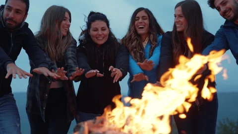 Group of friends having fun together at night party around bonfire - Friendship Stock Footage 224681668