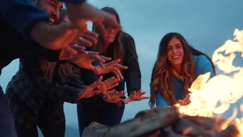 Group of friends having fun together at night party around bonfire - Friendship Stock Footage 224682550