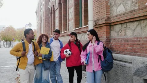 Group of friends having fun walking outside school building Stock Footage 303611139