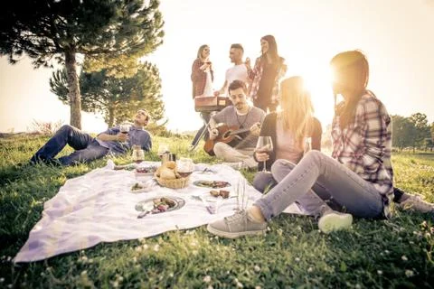 Group of friends having fun while eating and drinking at a pic-nic - Happy .. Stock Photos