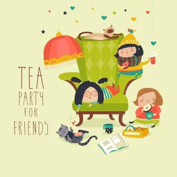 Group of Friends Having a Tea Party Illustrazione stock