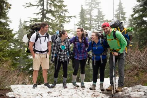 Group of friends on hiking trip, Lake Blanco, Washington, USA Stock Photos