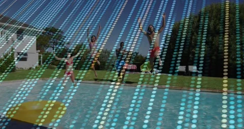 Group of friends jumping into backyard pool, displaying animated splash icons Stock Footage 329511733