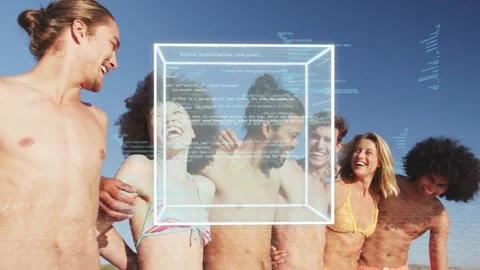 Group of friends linking arms on beach, cube materializing with scrolling code, Stock Footage 333610314