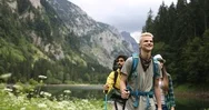 Group Of Friends, People Hiking In Nature. Travel Sport Lifestyle Concept Stock Footage
