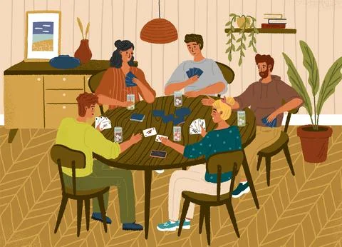 Group of friends playing cards. Table games concept vector posters set. People Stock Illustration
