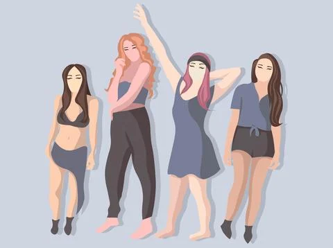 A group of friends posing. Front view of women positions standing Stock Illustration