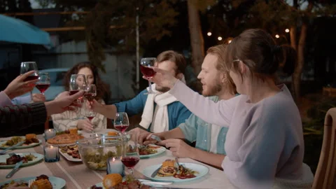 Group of friends raising a toast while having dinner together Stock Footage 291185561