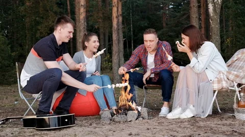 A group of friends relax in a forest camp. Men and women prepare a marshmallow Stock Footage 129070826