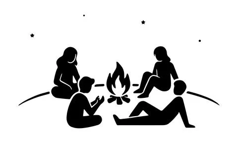 Group of friends sitting around campfire under starry night sky vector Stock Illustration