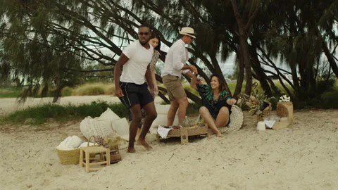 Group of friends sitting at a picnic and get up and walk towards the ocean in Au Stock Footage 199458053