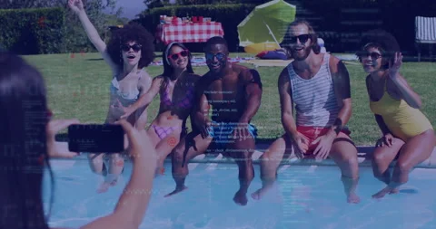 Group of friends sitting by pool with digital code overlay animation Video stock 305837419