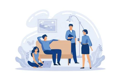 Group of friends sitting at the table talking, drinking coffee and tea, tin.. Stock Illustration