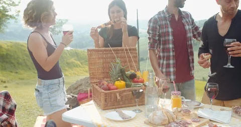 Group of friends spending time making a picnic and a barbeque. shot in slow moti Stock Footage 92468457