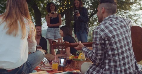 Group of friends spending time making a picnic and a barbeque. shot in slow moti Stock Footage 93068564
