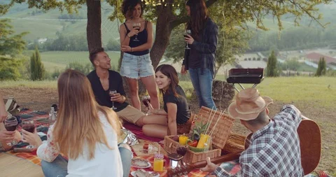 Group of friends spending time making a picnic and a barbeque. shot in slow moti Stock Footage 93068798