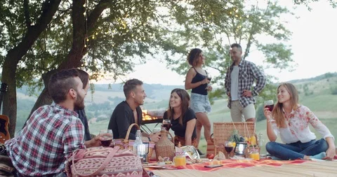 Group of friends spending time making a picnic and a barbeque. shot in slow moti Stock Footage 93070420