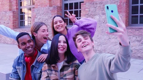 Group of Friends Taking a Fun Selfie Together Outdoors Stock Footage 296148141
