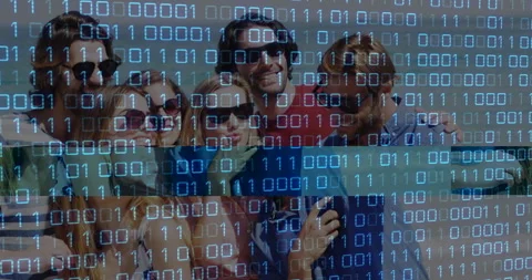 Group of friends taking selfie with binary code animation overlay Stock Footage 306215121
