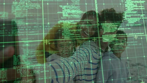 Group of friends taking selfie over digital coding and data processing animation Stock Footage 305520153