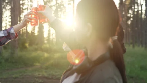 Group of friends toasting with drinks in a forest at sunset Stock Footage 335844560
