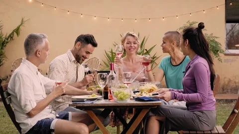 Group of friends toasting with wine having a barbecue in the backyard. Happy Stock Footage 236576255