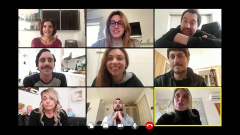 A group of friends in video call by zoom talking about restrictions of pandemic Stock Footage