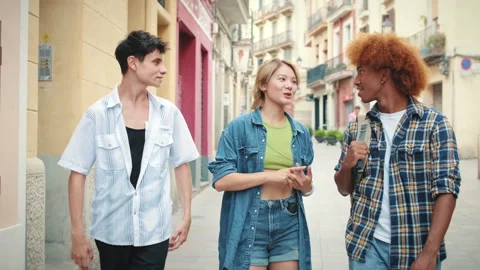 Group of friends walking and talking in good mood Stock Footage 250843344