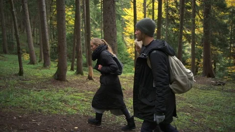 A group of friends walking in the beautiful forest slow motion Stock Footage 70819587