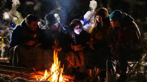 Group of friends in winter forest. Sitting near the bonfire, listening a story Stock Footage 100812495