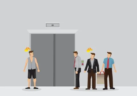 Group of Frustrated People Waiting at Elevator Lobby Cartoon Vector Illustrat Stock Illustration