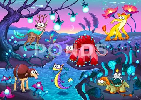 Group of funny animals in a fantasy landscape Stock Illustration